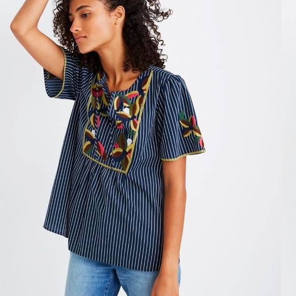 Madewell Tops - Madewell Women's Blue Floral Embroidered Pinstripe Fable Shirt Size Small